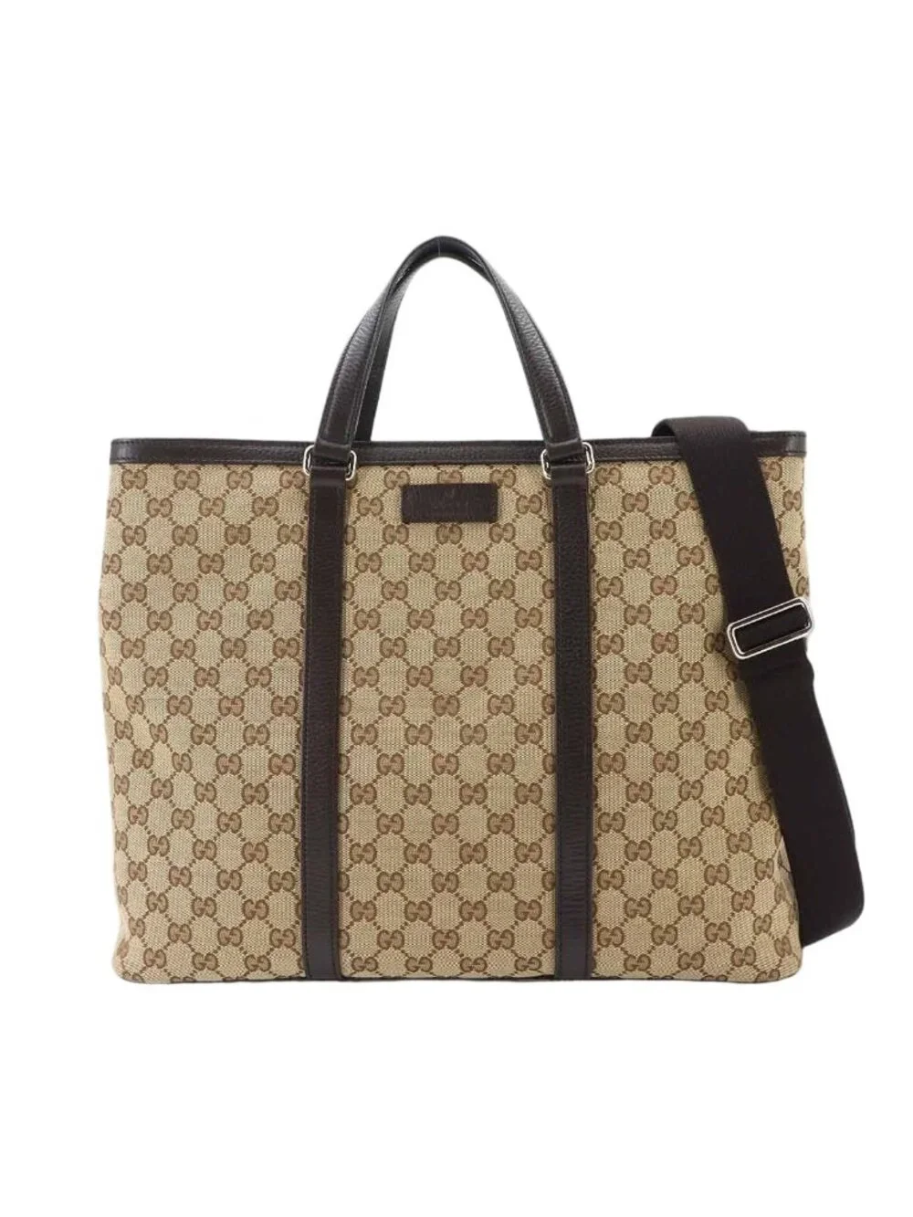 Gucci GG Canvas 2-Way Tote Shoulder Bag Leather Beige Brown Silver